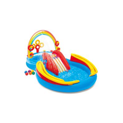 Детский надувной игровой бассейн Rainbow Ring 297 х 193 см, INTEX, 57453NP, Винил, 175л., 2+, Надувная горка, Разбрызгиватель для воды, Накидные обручи для игры, Сливной клапан, Максимальная нагрузка 81 кг, Синий, Цветная коробка