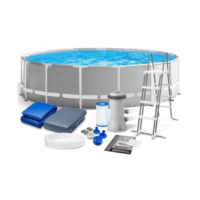 Каркасный бассейн Prism Frame 457 х 122 см, INTEX, 26726NP, Винил, 16805 л., Стальной каркас, Ф-насос 28638 (3785л/ч), Лестница 28076, Подложка 28048, Тент 28032, Гидроаэрация 22025, Серый, Цветная коробка
