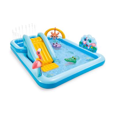 Детский надувной игровой бассейн Jungle Adventure 244 х 198 см, INTEX, 57161NP, Винил, 493+57л., 2+, Два отделения, Горка, Встроенный разбрызгиватель, Надувные фигуры животных, Синий, Цветная коробка