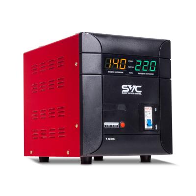 Стабилизатор (AVR), SVC, T-12000, 12000ВА/7500Вт, Диапазон работы AVR: 140-260В, Выходное напряжение: 220В +/-8%, Задержка включения, Клеммная колодка, LCD-дисплей, Защита: от перегрузки, короткого замыкания, повышенной температуры, Чёрно-красный