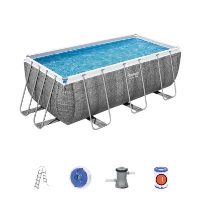 Каркасный бассейн Power Steel Rectangular 412 х 201 х 122 см, BESTWAY, 56722, Винил, 8124 л., Стальной каркас, Ф-насос 58383 (2006 л/ч), Лестница 58336, Серый ротанг, Дозатор 58501, Цветная коробка