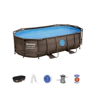 Каркасный бассейн Power Steel Swim Vista II 427 х 250 x 100 см, BESTWAY, 56714, Винил, 7250 л., Стальной каркас, Ф-насос 58383 (2006л/ч), Лестница 58335, Тент 58425, Дозатор 58501, 2 иллюминатора, Ротанговый принт, Цветная коробка