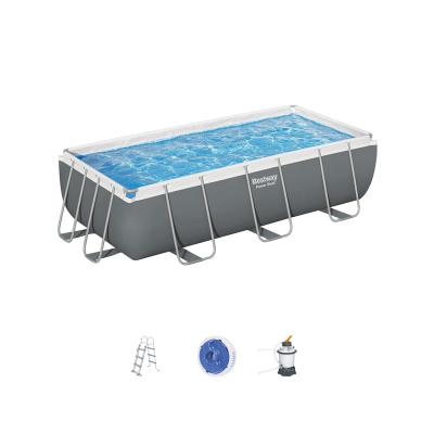 Каркасный бассейн Power Steel Rectangular 404 х 201 х 100 см, BESTWAY, 56442, Винил, 6478 л., Стальной каркас, Песочный ф-насос 58515 (3028л/ч), Лестница 58335, Дозатор 58501, Серый, Цветная коробка