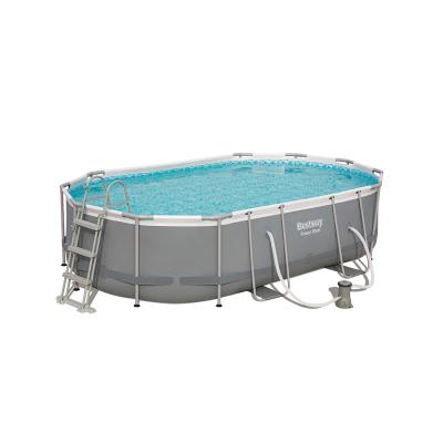 Каркасный бассейн Power Steel Oval 488 х 305 х 107 см, BESTWAY, 56448, Винил, 10949 л., Стальной каркас, Ф-насос 58386 (3028л/ч), Лестница 58335, Тент 58290, Дозатор 58501, Серый, Цветная коробка