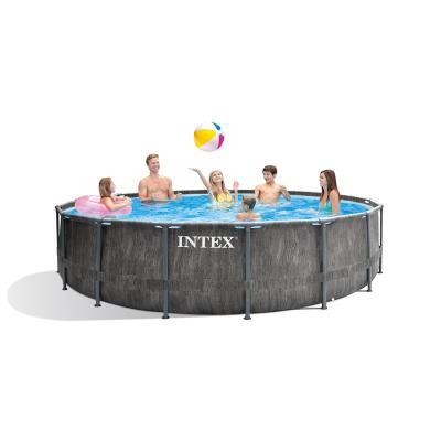 Каркасный бассейн GREYWOOD Prism Frame 457 х 122 см, INTEX, 26742NP, Винил, 16805 л., Стальной каркас, Ф-насос 28638 (3785л/ч), Лестница 28076, Подложка 28048, Тент 28032, Гидроаэрация 22025, С принтом серого дерева, Цветная коробка