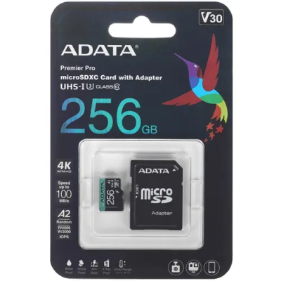 Micro Secure Digital Card (Trans Flash) 256GB HC10 U3 V30S Adata AUSDX256GUI3V30SA2 + SD adapter
