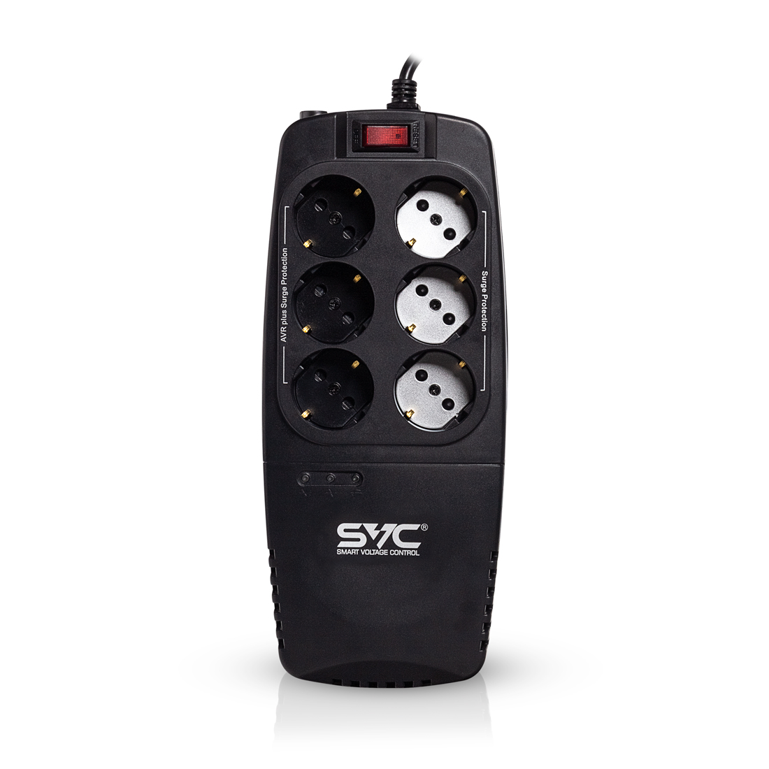 Стабилизатор (AVR), SVC, AVR-1200-U, Мощность 1200ВА/600Вт, Диапазон работы AVR: 176-276В, Тип выходных разъёмов: Schuko х 6 шт., LED-индикаторы, Защита телефонной линии, Чёрный