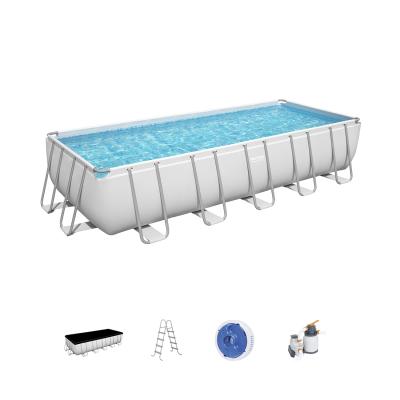 Каркасный бассейн Power Steel Rectangular 640 х 274 х 132 см, BESTWAY, 5612B, Винил, 19281 л., Стальной каркас, Песочный ф-насос 58497 (5678л/ч), Лестница 58337, Тент, Дозатор, Серый, 2 цветные коробки