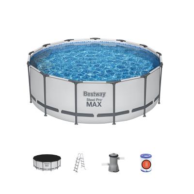 Каркасный бассейн Steel Pro MAX 396 х 122 см, BESTWAY, 5618W, Винил, 12690 л., Стальной каркас, Ф-насос 58386 (3028л/ч), Лестница 58336, Тент 58248, Серый, Цветная коробка