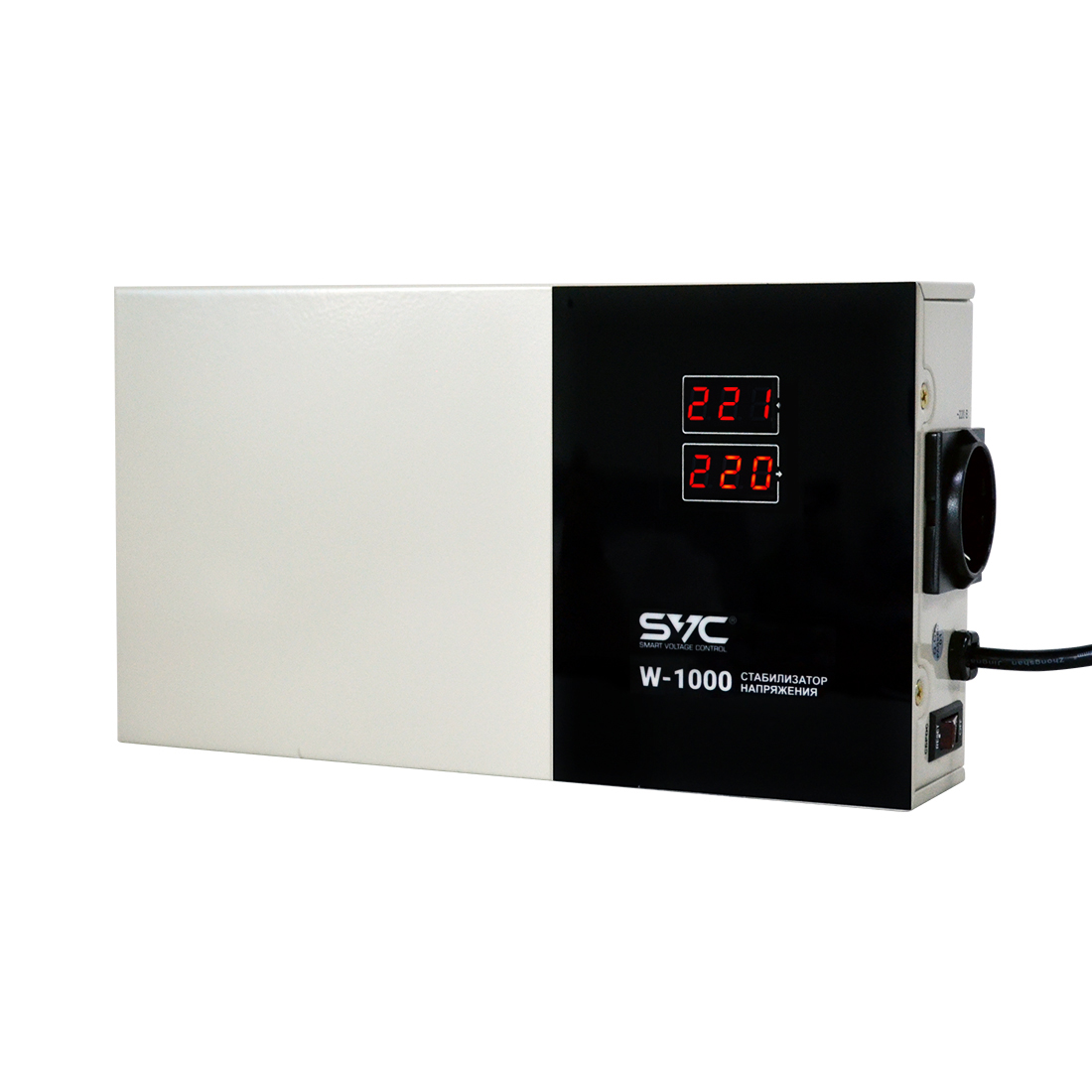 Стабилизатор (AVR), SVC, W-1000, Мощность 1000ВА/1000Вт, LED-дисплей, Диапазон работы AVR: 140-260В, Вых.: 220В+/-7%, 1 х Shcuko, Кабель питания: 1,35м, Габариты: 290*160*65, Черно-белый Стабилизатор (AVR), SVC, W-1000, Мощность 1000ВА/1000Вт, LED-дисплей, Диапазон работы AVR: 140-260В, Вых.: 220В+/-7%, 1 х Shcuko, Кабель питания: 1,35м, Габариты: 290*160*65, Черно-белый