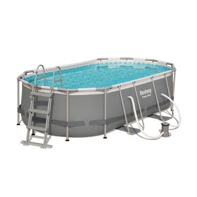 Каркасный бассейн Power Steel Oval 427 х 250 х 100 см, BESTWAY, 56620, Винил, 7250 л., Стальной каркас, Ф-насос 58383 (2006л/ч), Лестница 58335, Дозатор 58501, Серый, Цветная коробка