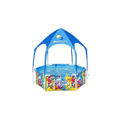 Детский каркасный бассейн Steel Pro Splash-in-Shade 183 х 51 см, BESTWAY, 5618T, Винил, 930 л., С навесом, Встроенный разбрызгиватель, Синий с ярким принтом, Цветная коробка