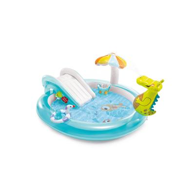 Детский надувной игровой бассейн Gator 201 х 170 см, INTEX, 57165NP, Винил, 160л., 2+, Горка, Разбрызгиватель в виде аллигатора, Надувной тент-грибок и пр., Голубой, Цветная коробка